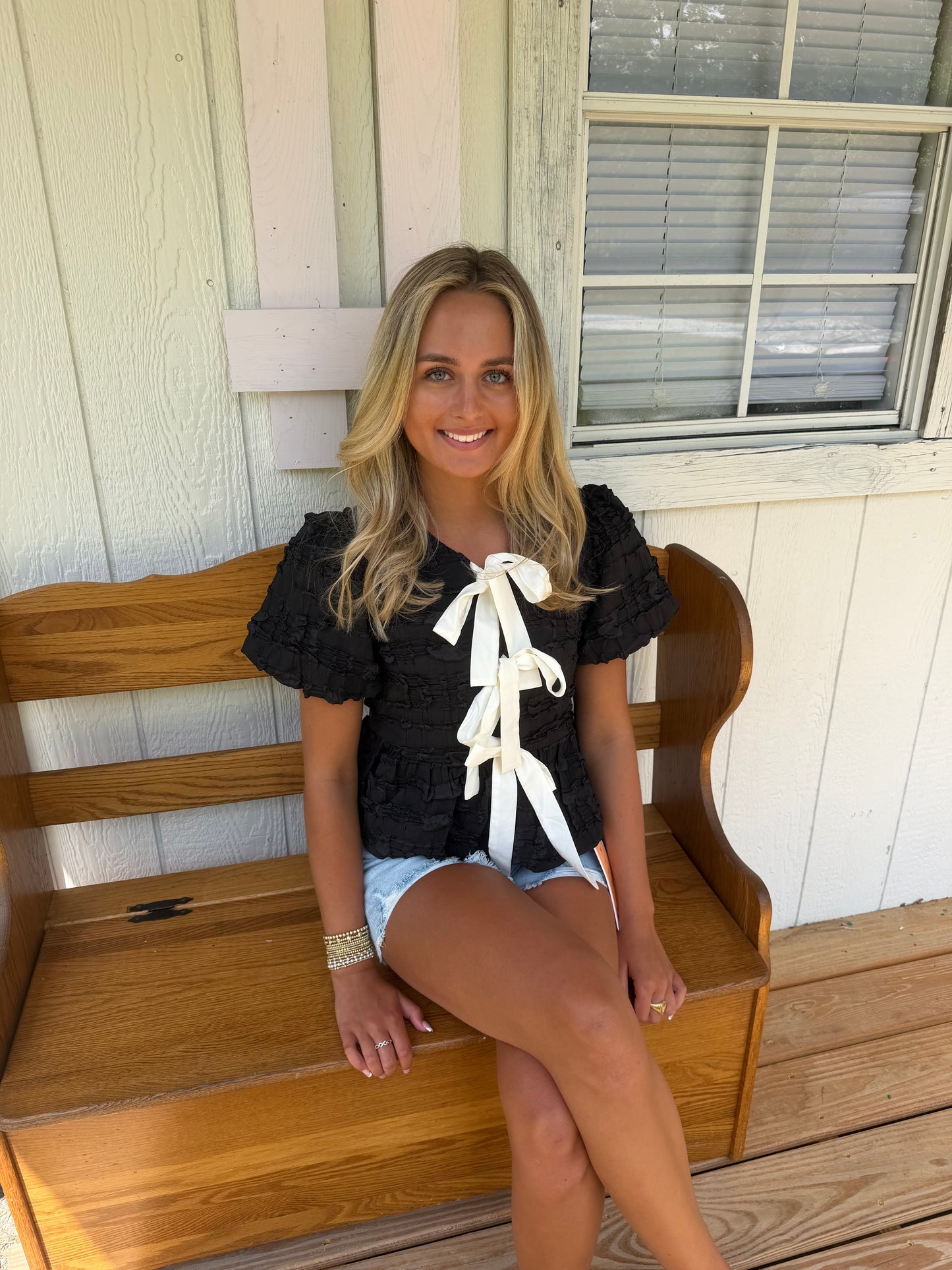 The Ribbon & Ruffle Peplum Top – Vanilla & Noir - Cottage Cuties Boutique LLC