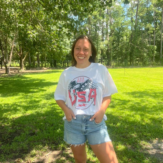 Freedom Soars Tee – White USA Eagle Graphic Crop Top in 100% Cotton - Cottage Cuties Boutique LLC