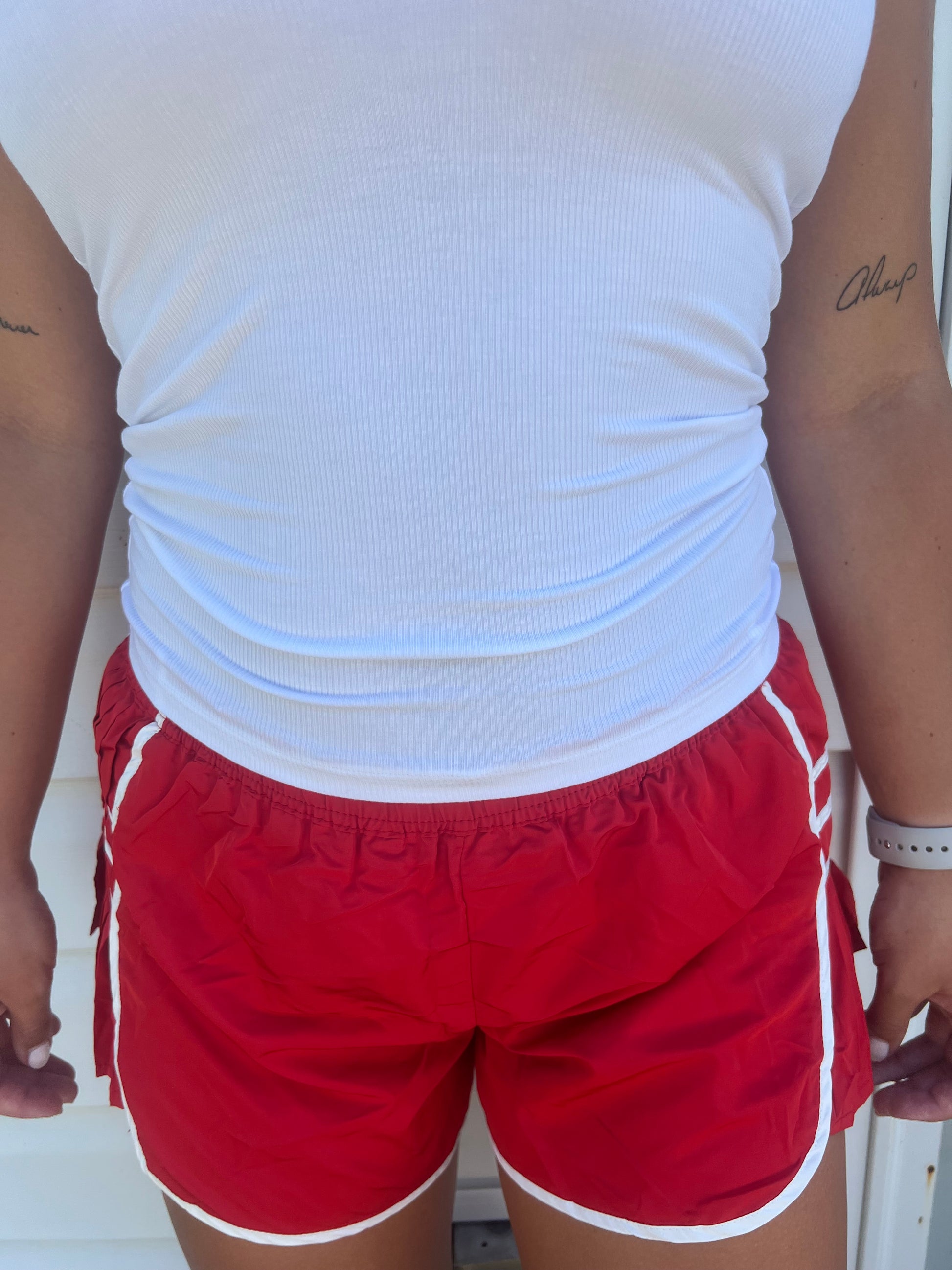 Playful Pleats Athletic Shorts | Red with White Trim | Cottage Cuties Boutique - Cottage Cuties Boutique LLC