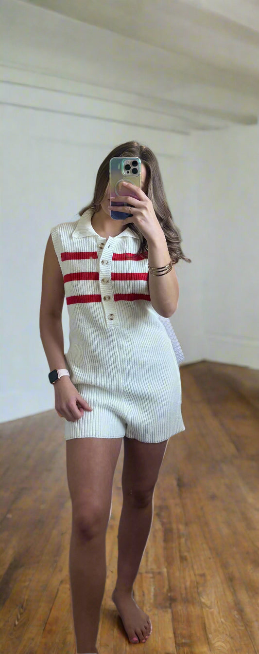 STRIPED SLEEVELESS POLO SWEATER ROMPER - Cottage Cuties Boutique LLC