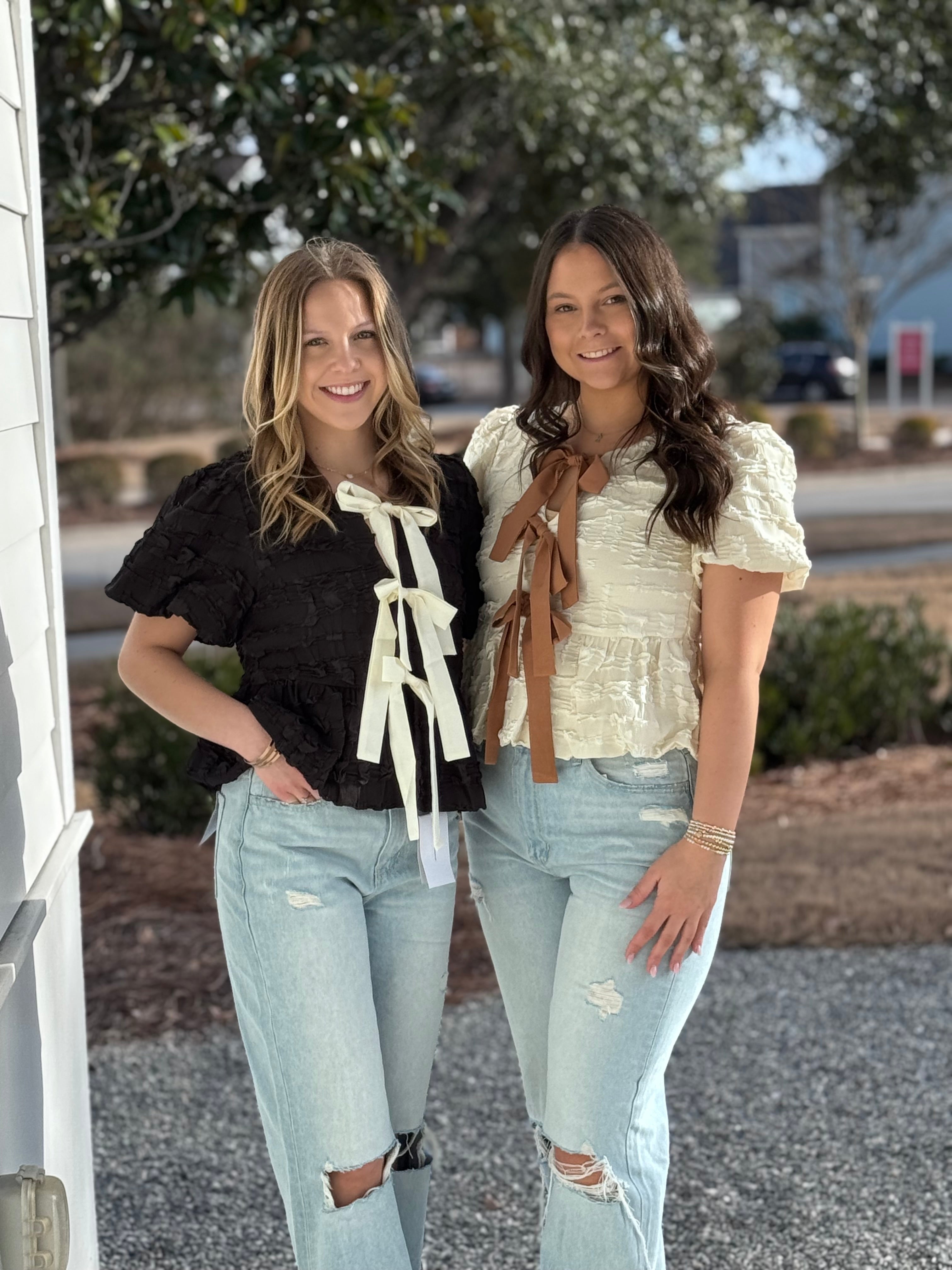 BUBBLE BABYDOLL BLOUSE WITH TEXTURED FABRIC AND CONTRAST BOW - Cottage Cuties Boutique LLC