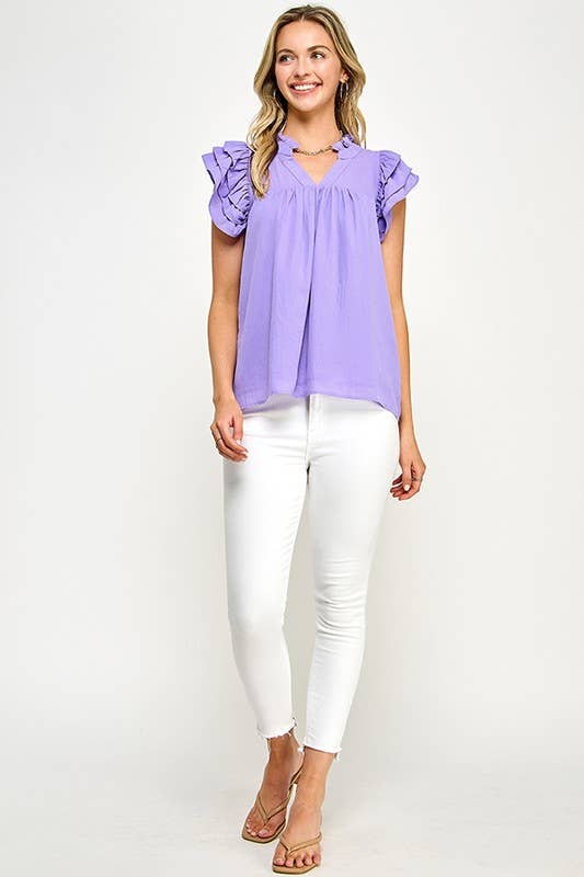 V- NECK DOUBLE LAYERED FLUTTER SLEEVE BLOUSE - Cottage Cuties Boutique LLC