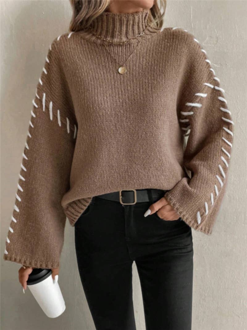 Deep Taupe Casual Comfy High Neck Contrast Line Knit Sweater