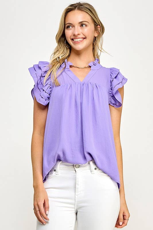 V- NECK DOUBLE LAYERED FLUTTER SLEEVE BLOUSE - Cottage Cuties Boutique LLC