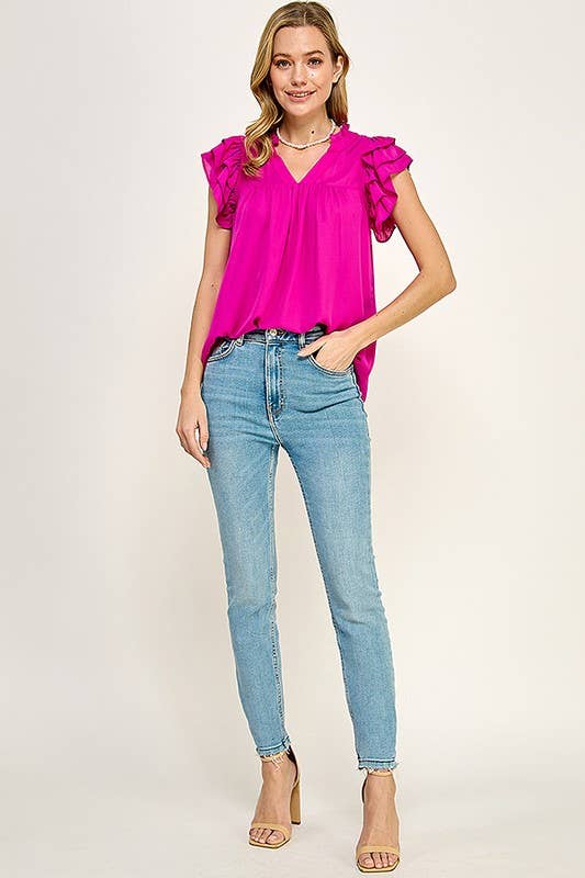V- NECK DOUBLE LAYERED FLUTTER SLEEVE BLOUSE - Cottage Cuties Boutique LLC