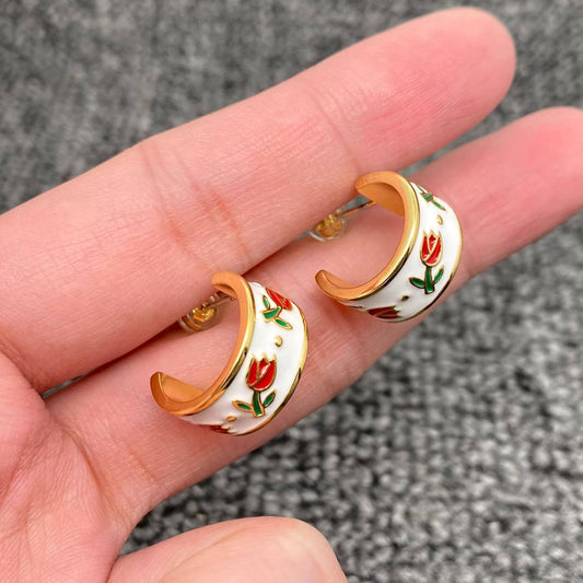 Enamel Tulip 18K Gold Plated C Shape Stud Earrings - Cottage Cuties Boutique LLC