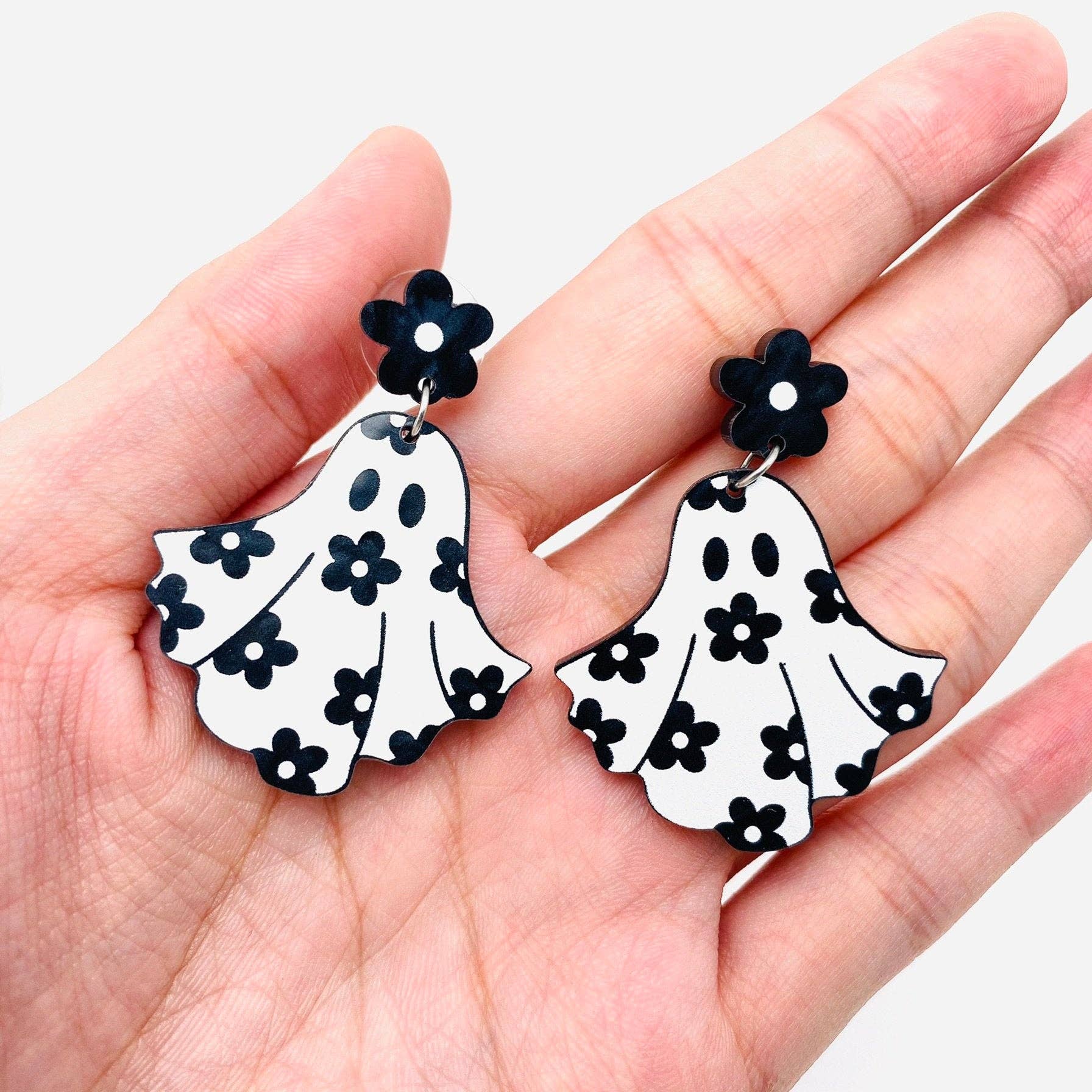 Halloween Flower Ghost Acrylic Post Earrings - Cottage Cuties Boutique LLC