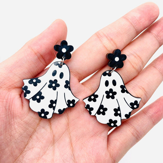 Halloween Flower Ghost Acrylic Post Earrings - Cottage Cuties Boutique LLC