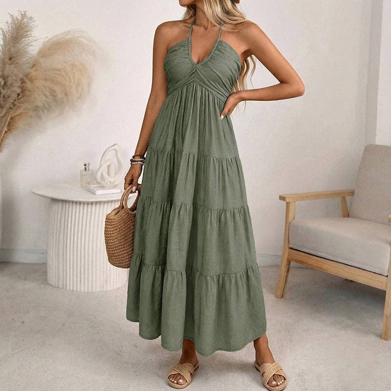 Women’s Halter V Neck Tiered Maxi Dress Backless - Cottage Cuties Boutique LLC
