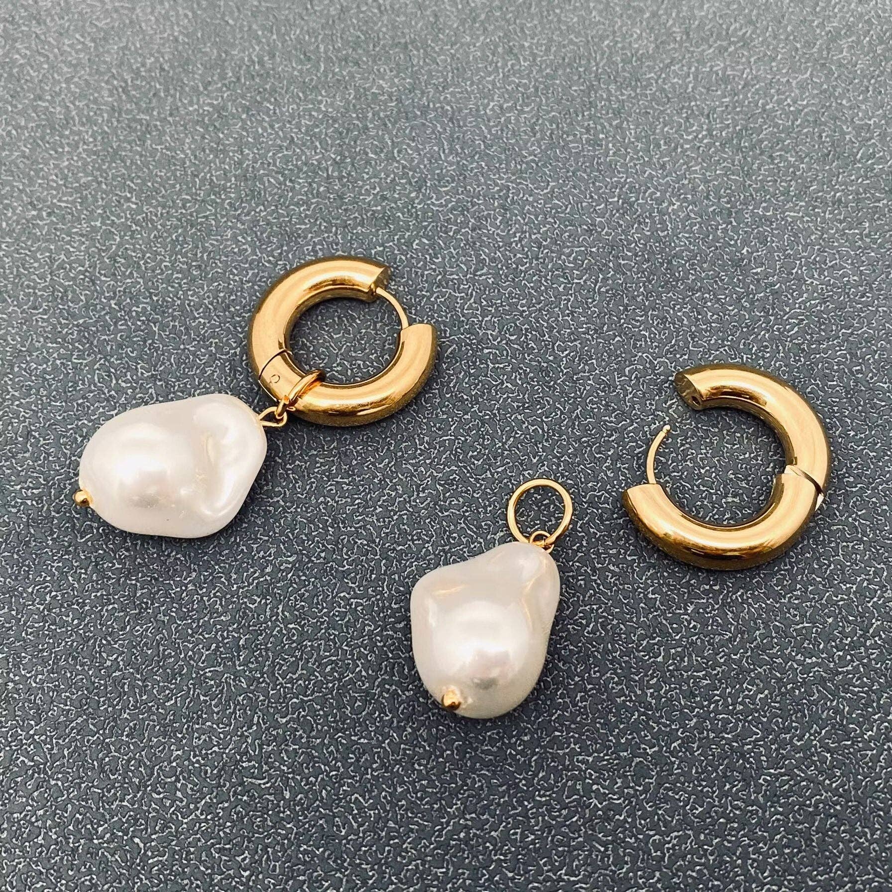 FGS- Pearl Charm pendant 18K Stainless Steel Huggie Earrings - Cottage Cuties Boutique LLC