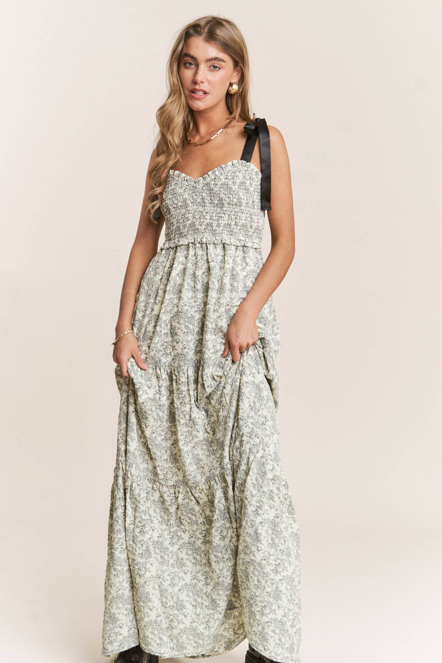 Empire Neckline black Floral Tiered Maxi Dress