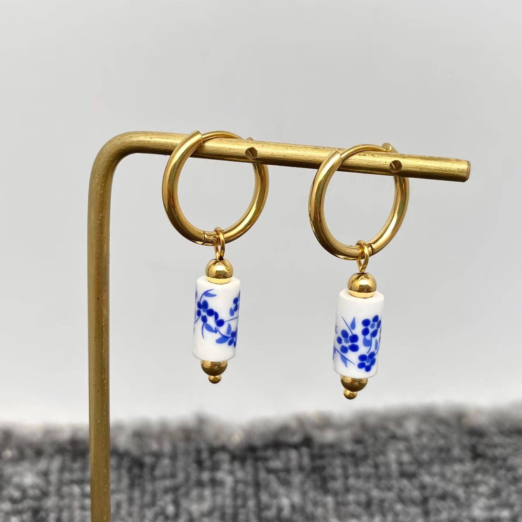 Blue and White Porcelain heart 18K Golden SS Huggie Earrings - Cottage Cuties Boutique LLC