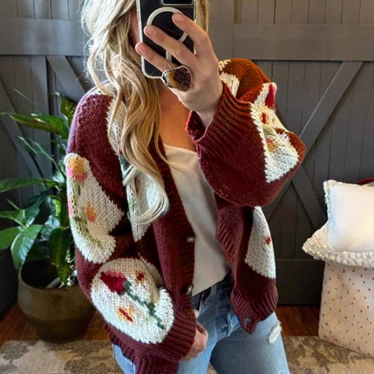 Color Block Floral Button Cardigan Lightweight Brown