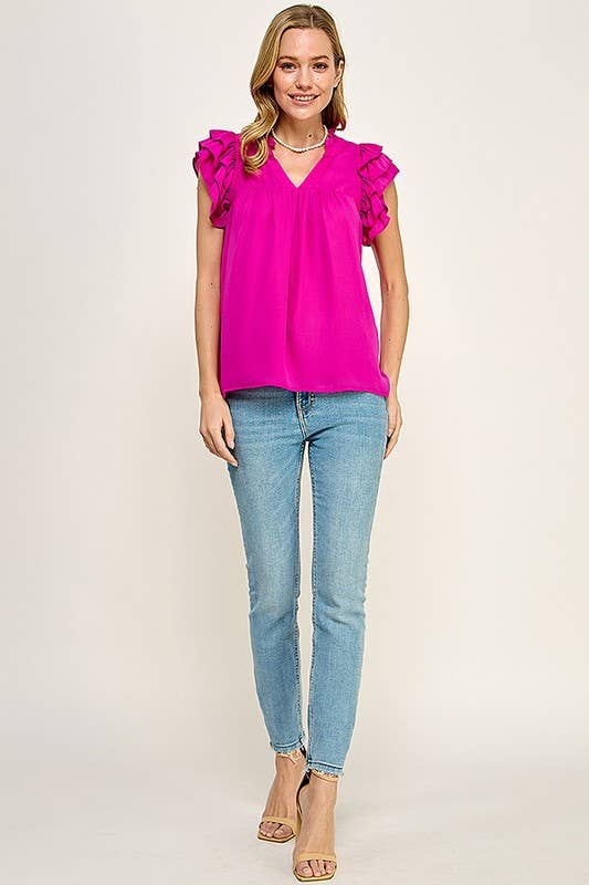 V- NECK DOUBLE LAYERED FLUTTER SLEEVE BLOUSE - Cottage Cuties Boutique LLC