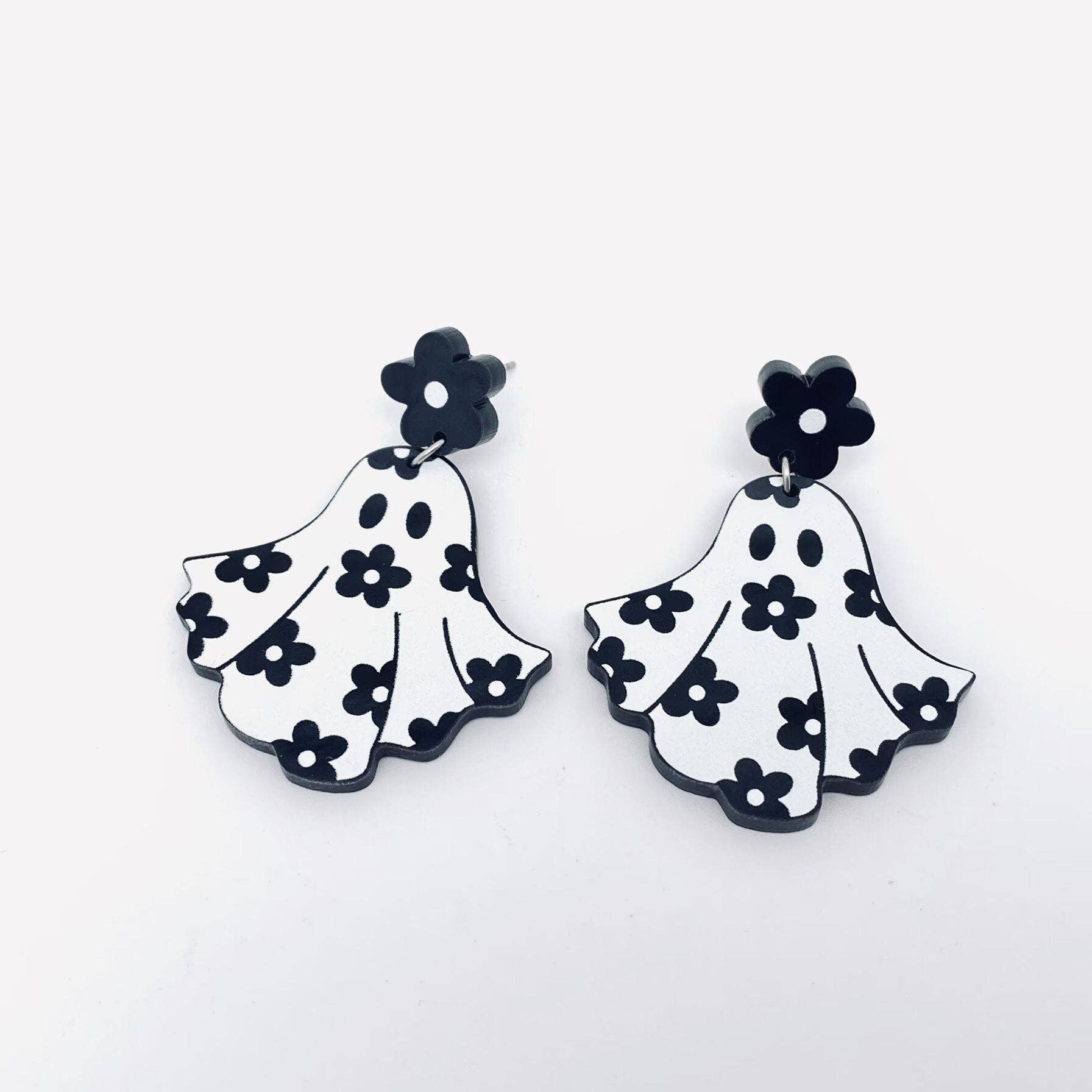 Halloween Flower Ghost Acrylic Post Earrings - Cottage Cuties Boutique LLC