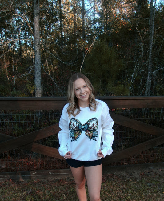 Camo Rhinestone Bow Sweatshirt  White Curvy